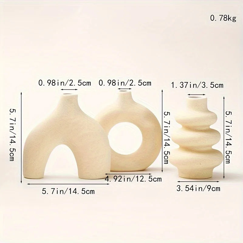 Three light yellow Boho Ceramic Vases with measurements and weight displayed on a white background