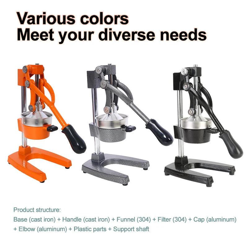 Three manual juicers in orange, gray, and black on a white background with text about product structure.
