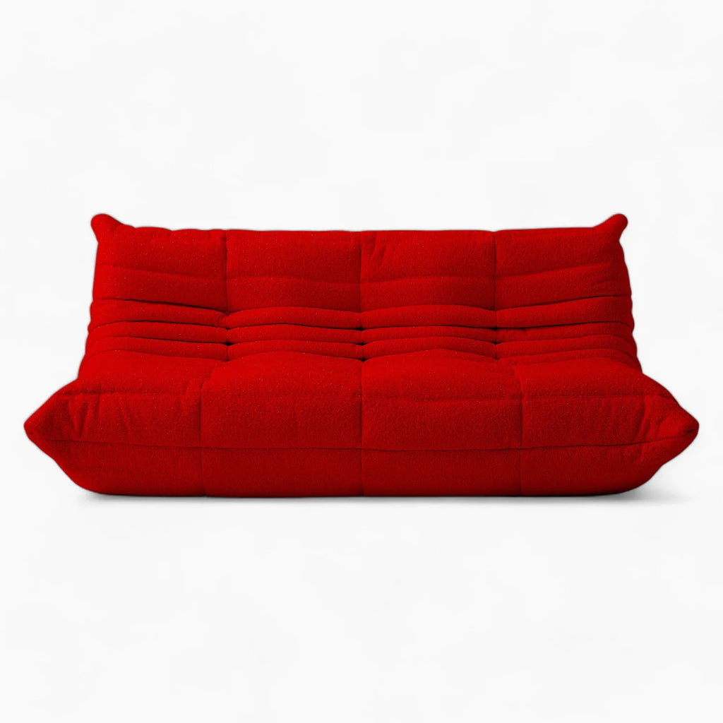 Three seater Red Amb Velvet Caterpillar Lazy Sofa on a white background