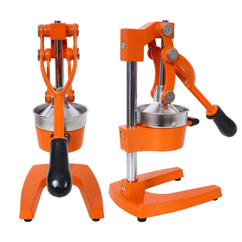 Two orange manual juicers with black handles on a white background