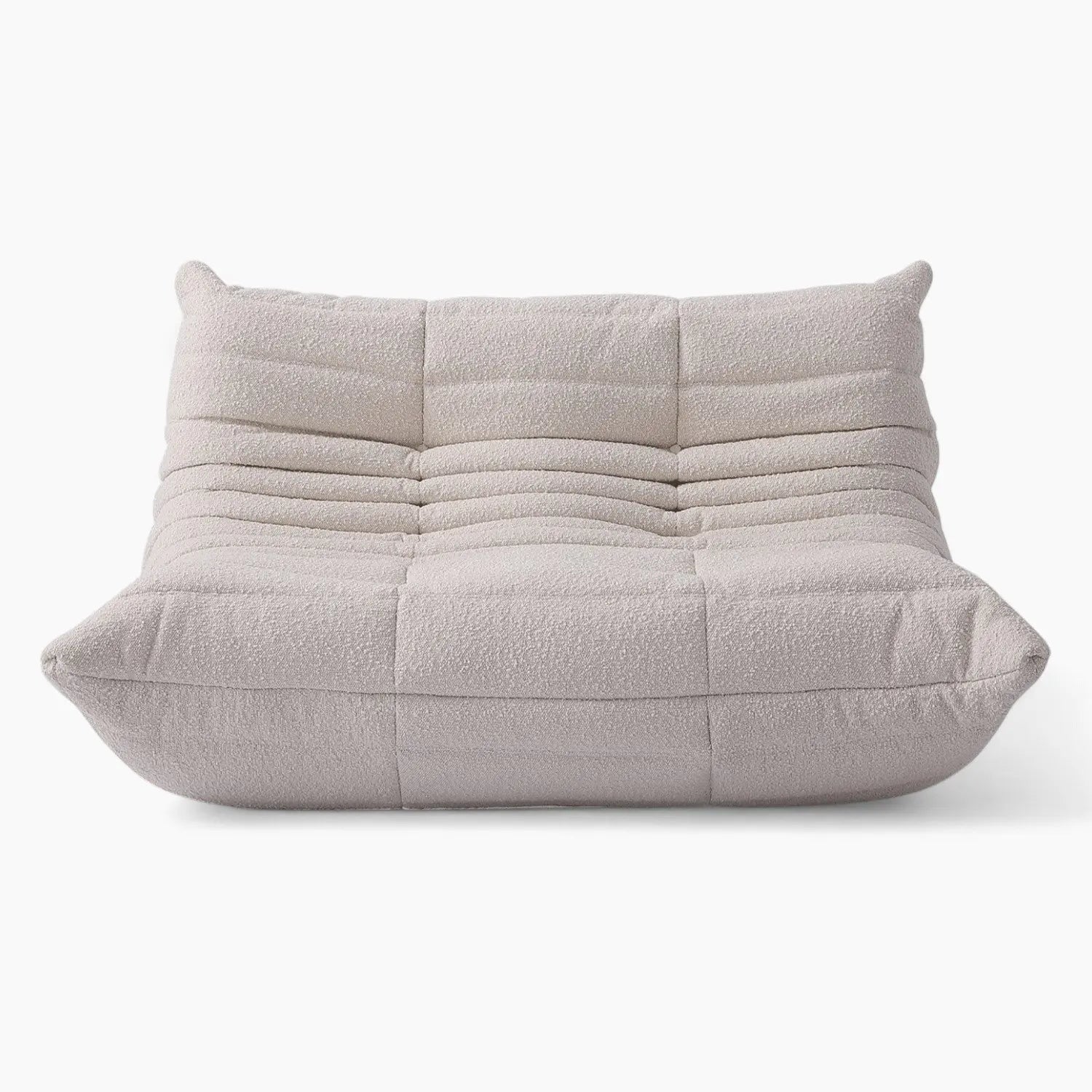 Two seater Rice Amb Velvet Caterpillar Lazy Sofa with a quilted design on a white background