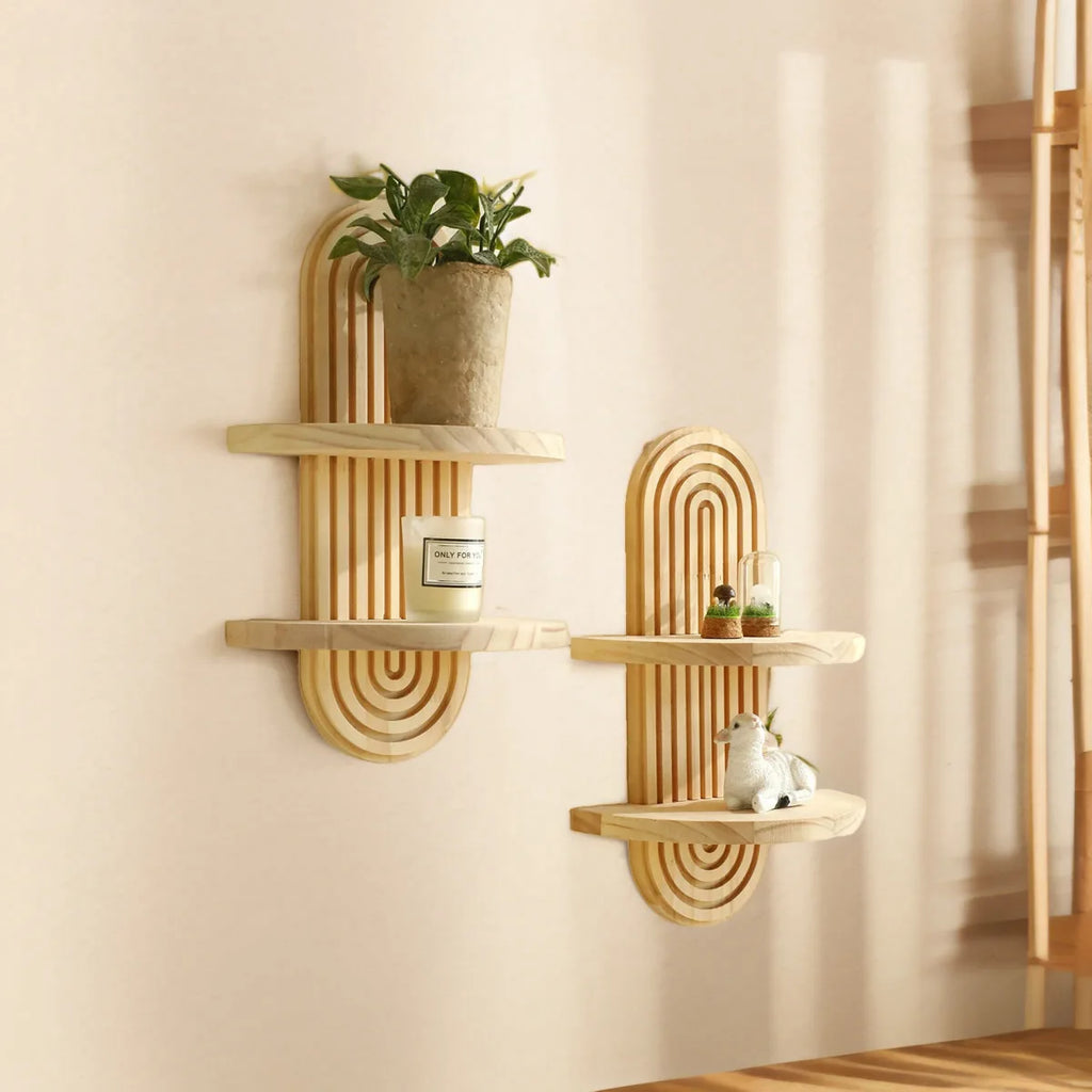 Two tier Boho Wooden Floating Wall Shelves with decorative items against a beige wall