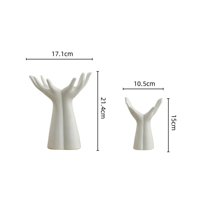 White Ceramic Hand Vases with dimensions on a white background