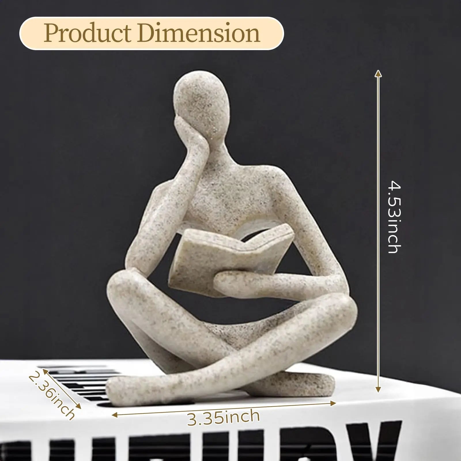White Thinker Reading Sculpture with dimensions indicated on a black background